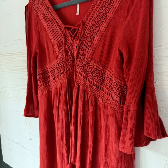 Harlow | XS | Red Boho Lace Trim Peasant Dress - Picture 4 of 6